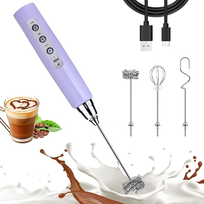 Nahida Light Purple Milk Frother Wand for Coffee, Frother Handheld Rechargeable Electric Whisk with 3 Heads 3 Speeds Drink Mixer Coffee Frother Foam Maker For Latte, Cappuccino, Hot Chocolate, Egg - Image 1
